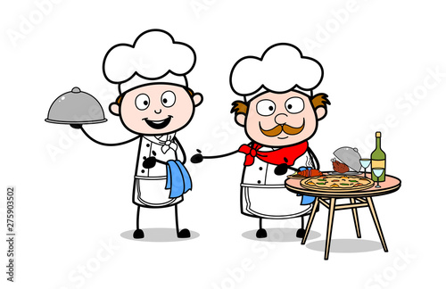 Cook Presenting Dishes - Cartoon Waiter Male Chef Vector Illustration