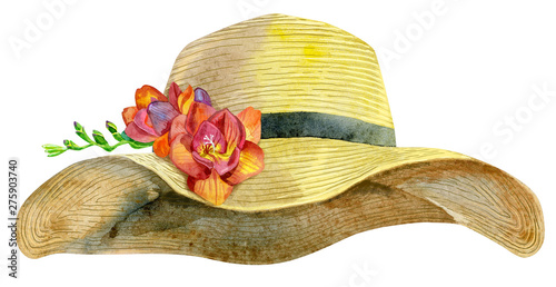 Watercolor women's yellow summer hat with freesia