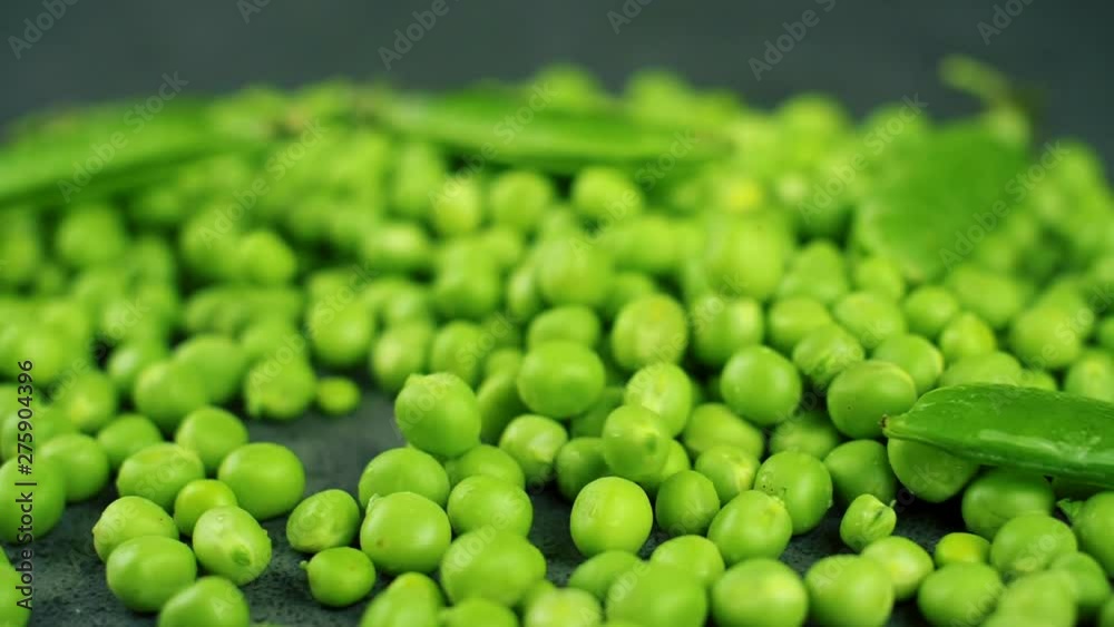 Green fresh pea and shell falling in slow motion. Close up food background video. Green fresh pea and shell falling in slow motion. Close up food background video.
