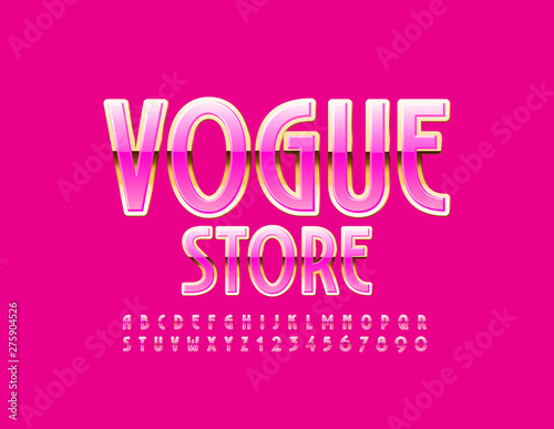 Vector luxury logo Vogue Store. Elegant Uppercase Font. Shiny Pink and Golden Alphabet Letters and Numbers