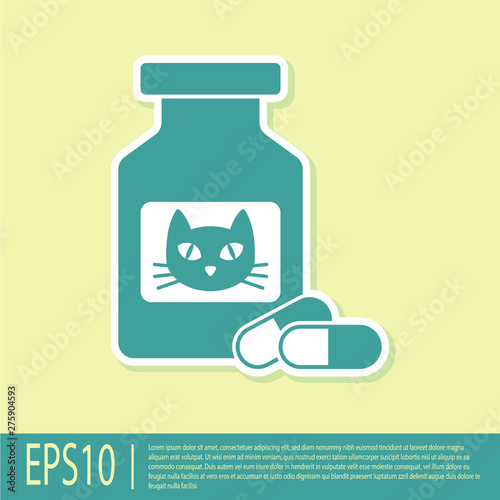 Green Cat medicine bottle and pills icon isolated on yellow background. Container with pills. Prescription medicine for animal. Vector Illustration