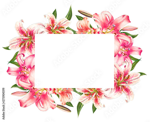 Beautiful pink lily frame. Bouquet of flowers. Floral print. Marker drawing. Watercolor painting. Wedding and birthday festive composition. Greeting card. Painted background. Hand drawn illustration.