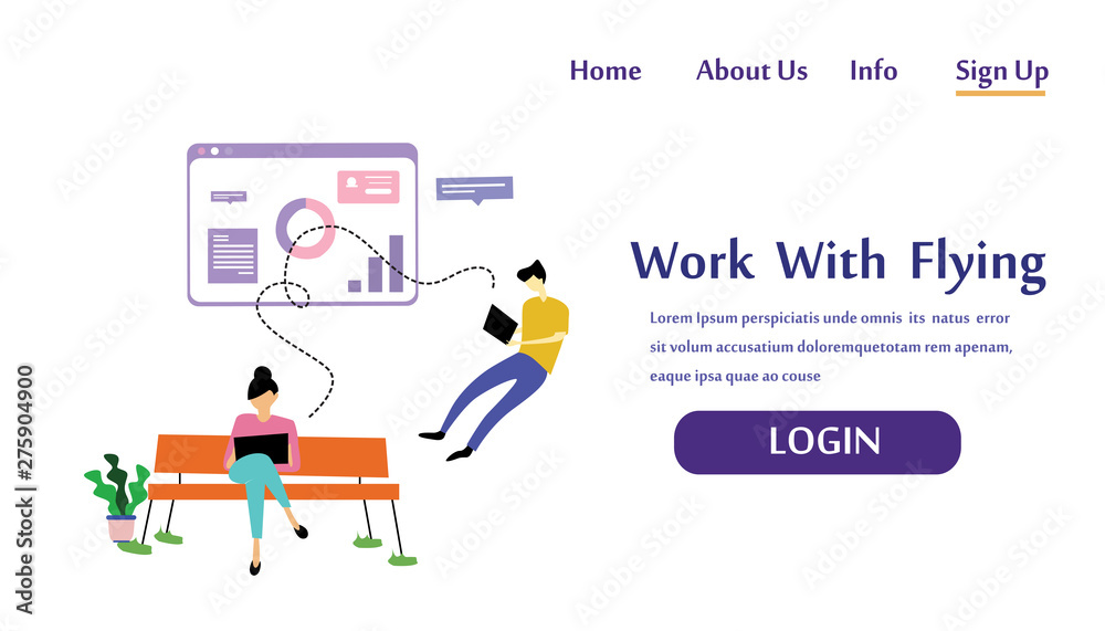 People flying and interacting with graphs and papers. Business and workflow management. Landing page template Vector Illustration
