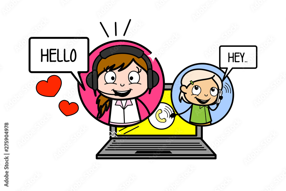 Online Chatting - Retro Cartoon Waitress Female Chef Vector Illustration Online Chatting - Retro Cartoon Waitress Female Chef Vector Illustration