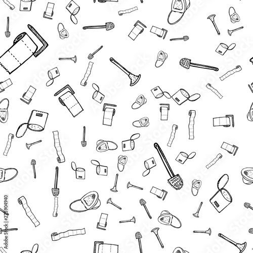 Seamless pattern of lavatory bowl, plugner, toilet paper, bucket and toilet brush icons isolated on white background. Vector seamless pattern with hand drawn doodle bathroom elements