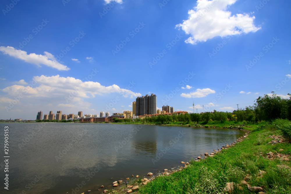 China urban construction scenery at the water's edge