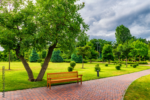 Vászonkép Beautiful sunny park with bench.