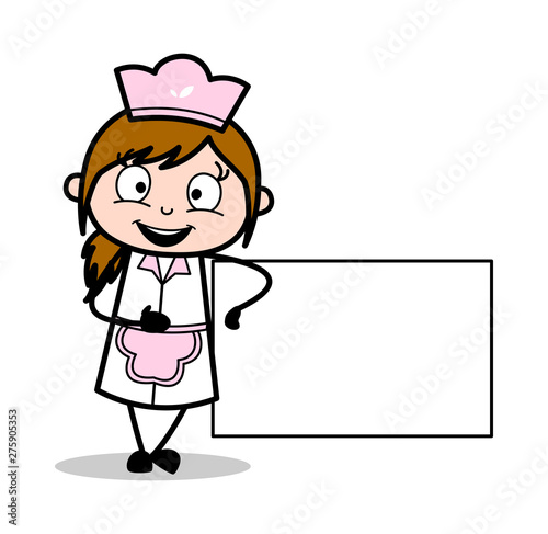 Showing a Blank Banner - Retro Cartoon Waitress Female Chef Vector Illustration