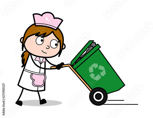Walking with Recycle Bin - Retro Cartoon Waitress Female Chef Vector Illustration