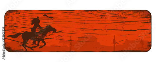 Silhouette of Native American Indian riding horseback with a spear on a wooden sign, vector