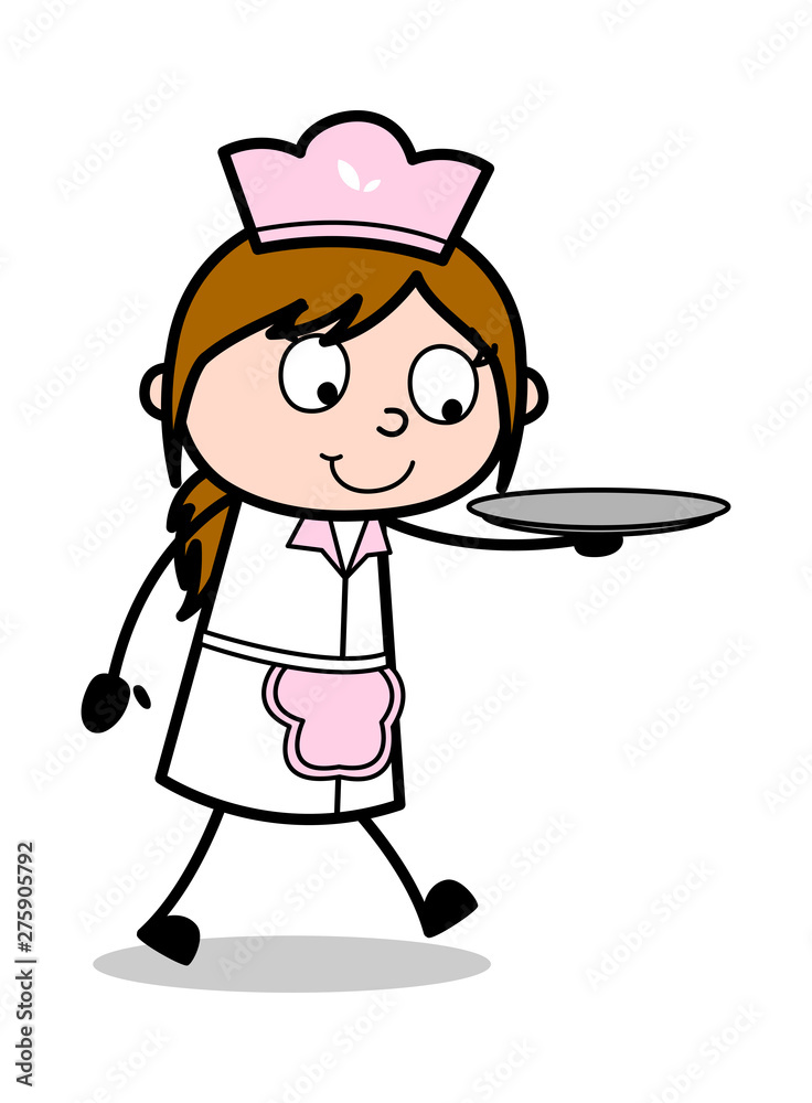 Holding a Plate and Balancing It - Retro Cartoon Waitress Female Chef Vector Illustration