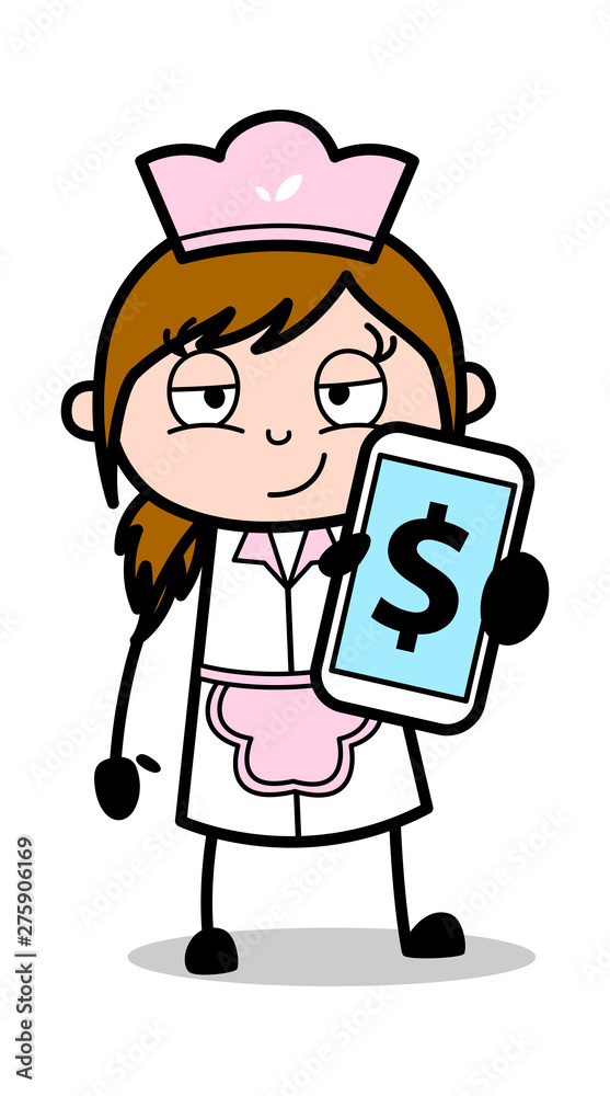 Showing Online Earning in Mobile - Retro Cartoon Waitress Female Chef Vector Illustration Showing Online Earning in Mobile - Retro Cartoon Waitress Female Chef Vector Illustration