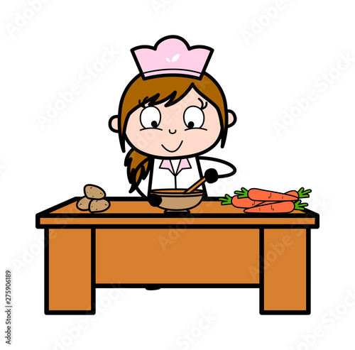 Preparing Food - Retro Cartoon Waitress Female Chef Vector Illustration