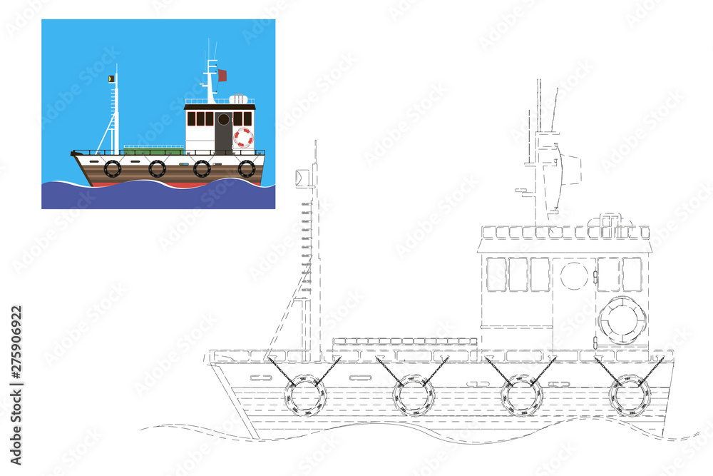 Coloring. Simple educational game for children. Ship vector illustration.