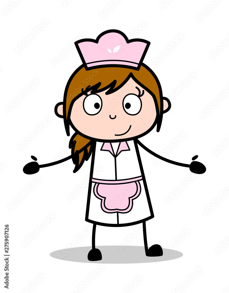 Smiling and Showing Empty Hands - Retro Cartoon Waitress Female Chef Vector Illustration Smiling and Showing Empty Hands - Retro Cartoon Waitress Female Chef Vector Illustration