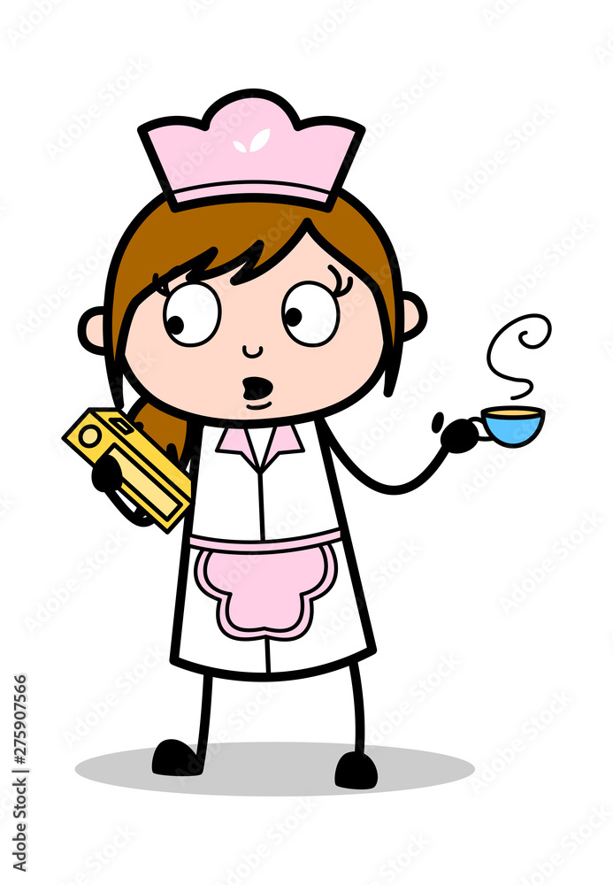Searching File While Drinking Tea - Retro Cartoon Waitress Female Chef Vector Illustration Searching File While Drinking Tea - Retro Cartoon Waitress Female Chef Vector Illustration