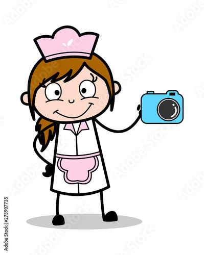 Presenting a Digital Camera - Retro Cartoon Waitress Female Chef Vector Illustration