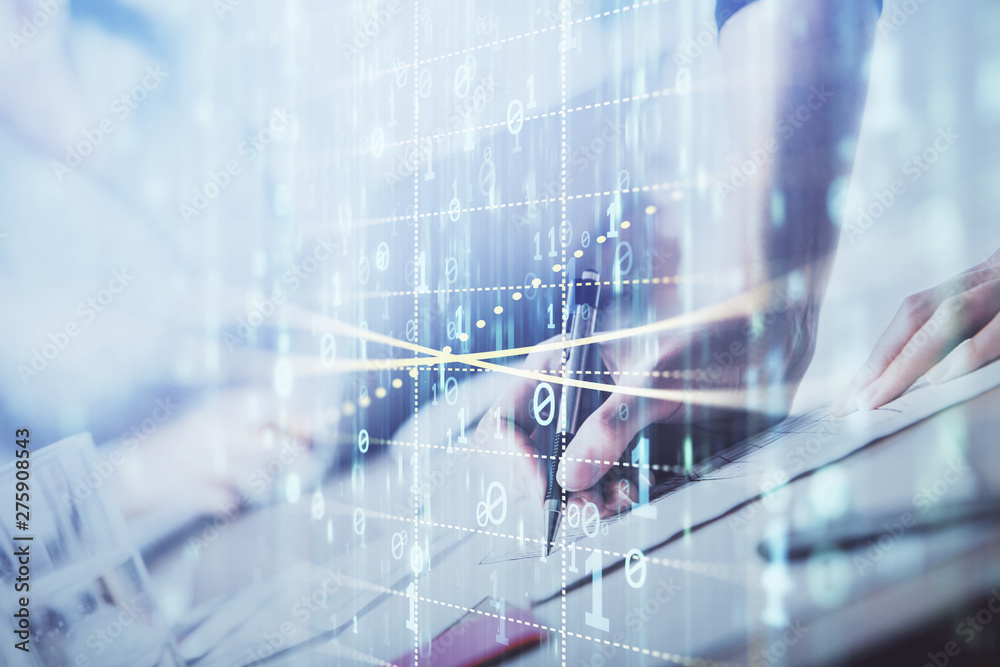 Double exposure of woman's writing hand on background with data technology hud. Big data concept. Double exposure of woman's writing hand on background with data technology hud. Big data concept.