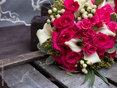 Wedding bouquet of Yak crimson roses. Copy space.