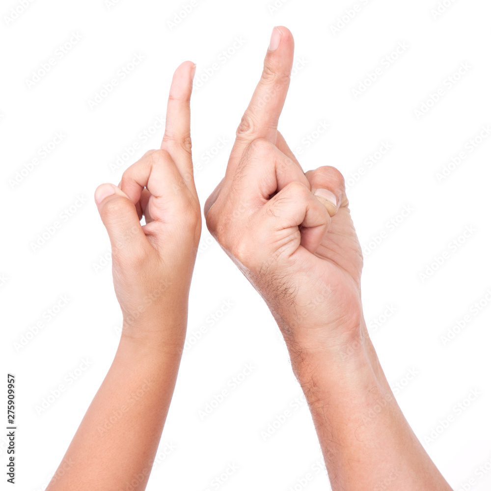 Man and Boy Hands with Middle Finger. ISOLATED ON WHITE BACKGROUND. Man and Boy Hands with Middle Finger. ISOLATED ON WHITE BACKGROUND.