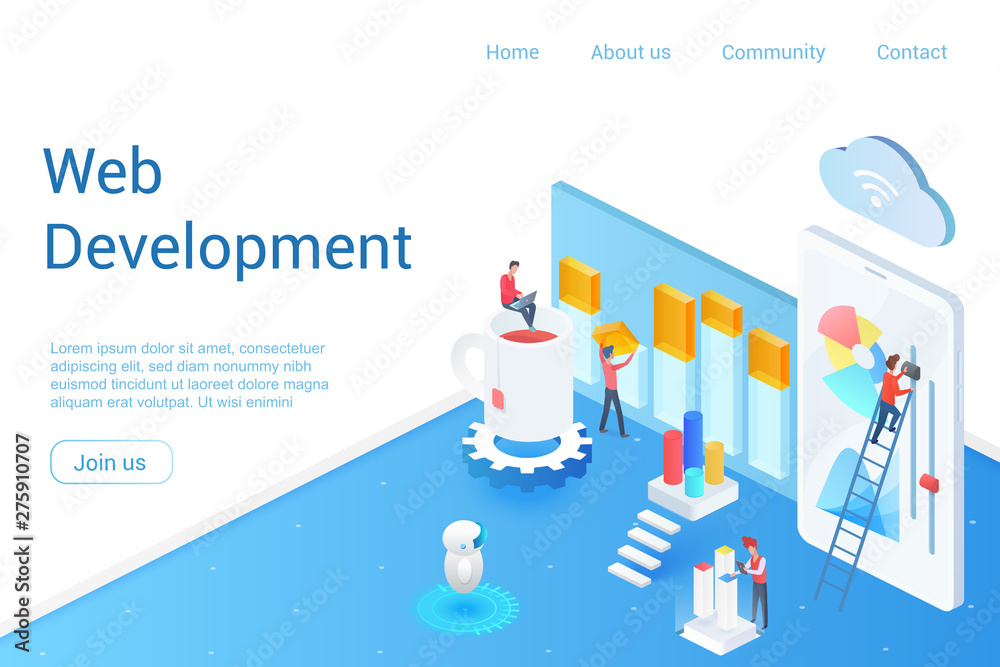 Web development isometric landing page vector template. App, software programming webpage design layout. Website optimization and customization 3d concept illustration. Digital technology, IT industry