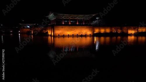 Pan right on Gyeongju Donggung Palace and Wolji Pond at night photo