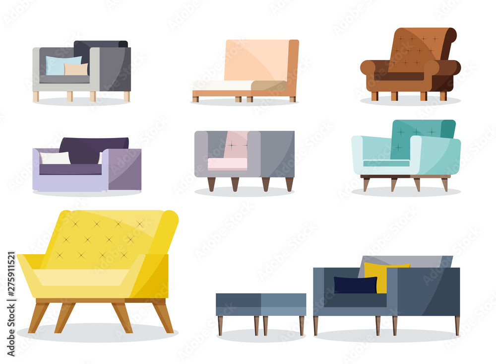 Set of modern colorful soft armchair with upholstery. Armchairs for room design games. Cushioned furniture, room decoration, interior design isolated on white background Flat style vector illustration Set of modern colorful soft armchair with upholstery. Armchairs for room design games. Cushioned furniture, room decoration, interior design isolated on white background Flat style vector illustration