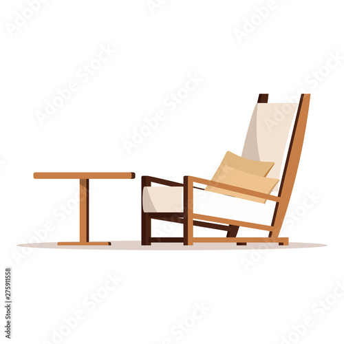 Clip art interior design image: cozy living room, porch relax zone furniture wooden armchair with cushions, coffee table isolated on white background. Vector cartoon style flat design illustration.