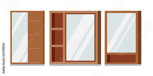 Vector set of wooden frames rectangular mirrors with shelves for country or rustic slyle bathroom isolated on white background. Home interior design elements. Flat design catroon style illustration.