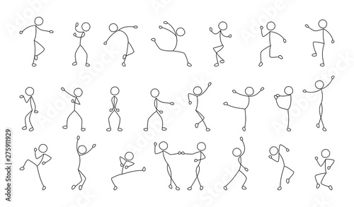dancing people, freehand drawing, sketch, stick figure man pictogram, isolated silhouettes on white background