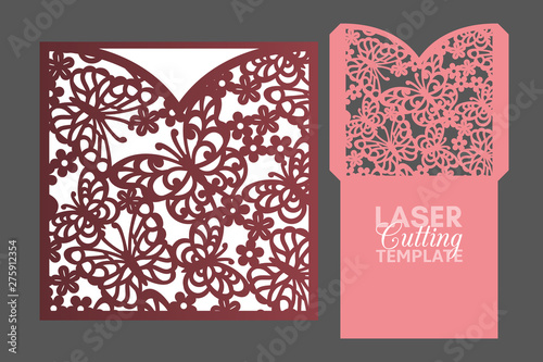 Laser cut pocket envelope template with pattern of butterflies and flowers, vector. Wedding invitation or greeting card with abstract ornament. Suitable for greeting cards, invitations, menus.