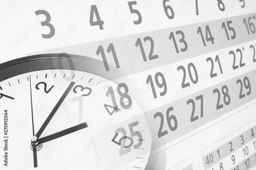 Collage with clock and calendar page, time concept Collage with clock and calendar page, time concept