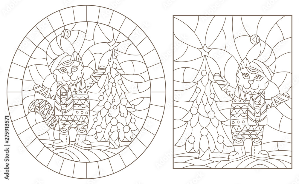Set contour illustrations of the stained glass Windows with Christmas cats, dark outlines on a light background Set contour illustrations of the stained glass Windows with Christmas cats, dark outlines on a light background