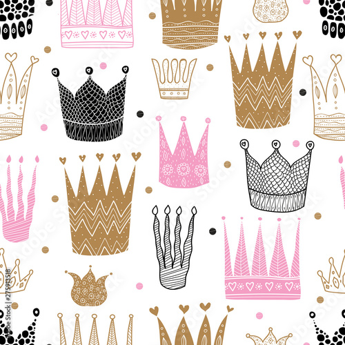 Princess crown. Kids vector seamless pattern. Can be used in textile industry, paper, background, scrapbooking.