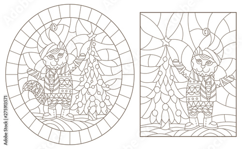 Set contour illustrations of the stained glass Windows with Christmas cats, dark outlines on a light background