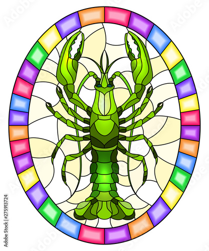 Illustration in stained glass stile with abstract green crayfish on a light background , oval picture in a bright frame