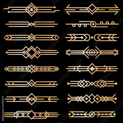 Art deco dividers. Gold deco design lines, golden book header borders. 1920s victorian vintage elements on black. Vector isolated set