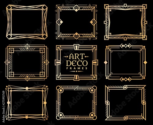 Art deco frames. Gold gatsby deco frame border, golden romantic invitation line pattern. 1920s retro luxury art design vector elements