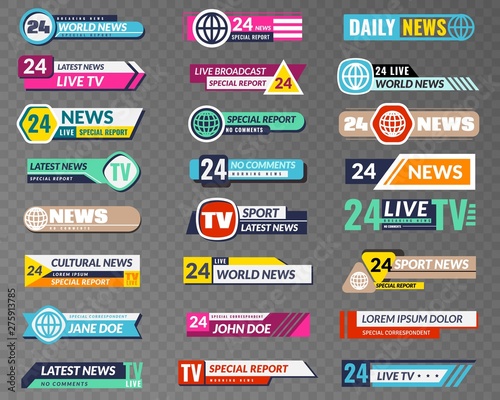 Tv banners. Broadcasting graphic interface, tv streaming lower bar title. News television channel screen header vector isolated set