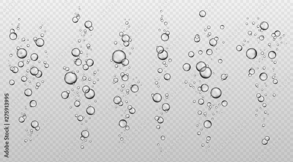 Water bubbles. Abstract fresh soda bubble groups. Effervescent oxygen texture. Underwater fizzing air sparkles isolated vector set