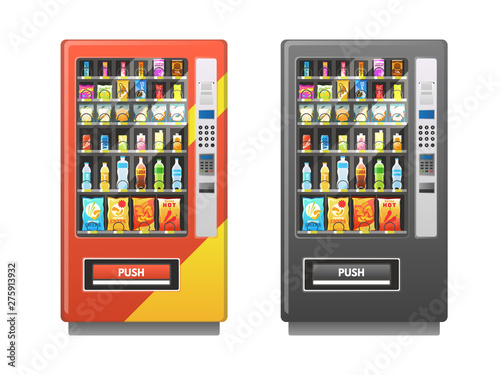 Vending machine. Snacks sandwich biscuit chocolate drinks juice beverages pack, sale retail mechanism, flat vector illustration