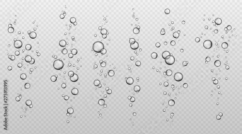 Water bubbles. Abstract fresh soda bubble groups. Effervescent oxygen texture. Underwater fizzing air sparkles isolated vector set photo