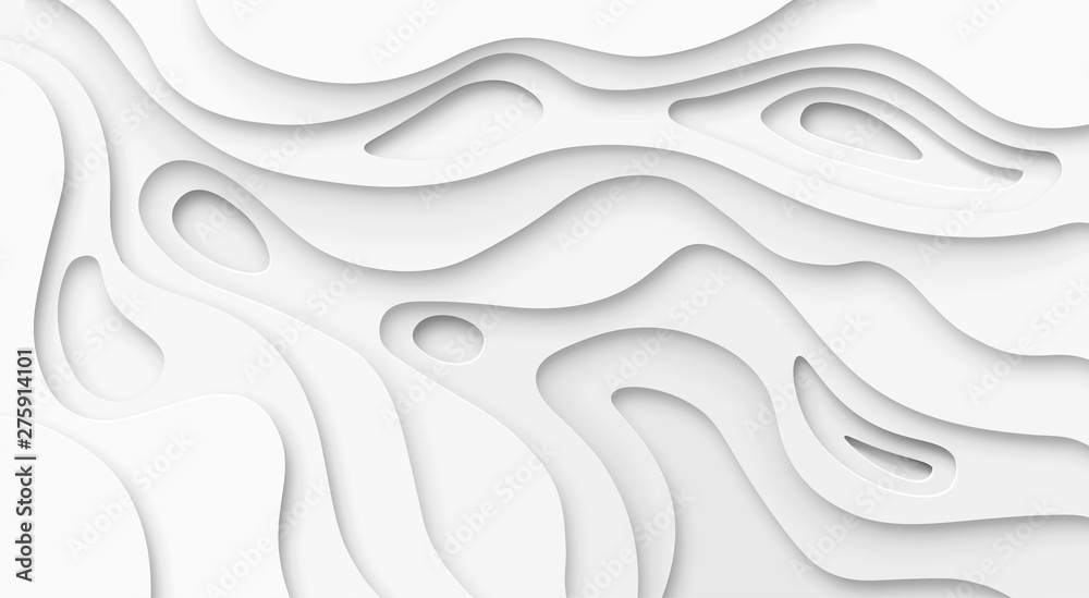 Naklejka Abstract paper cut white background. Topographic canyon map light relief texture, curved layers and shadow. Paper art 3d vector banner