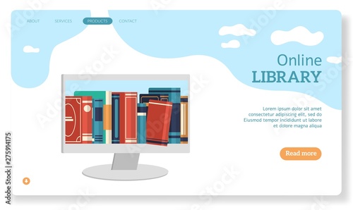 Online library. Landing page for website books store learning digital study read ebook catalog education files vector concept