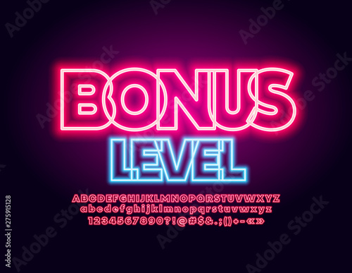 Vector neon banner Bonus Level with red glowing Font. Lighting electric Alphabet Letters, Numbers and Symbols