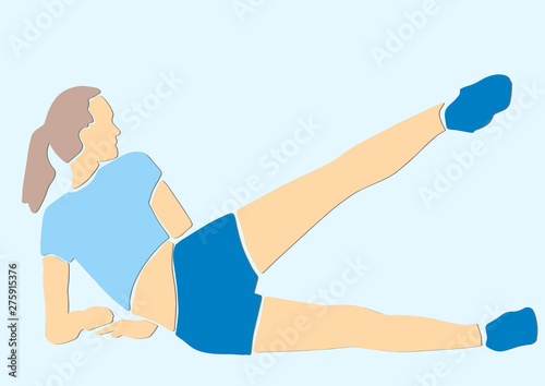 Sporty woman has a workout. Leg raise exercise. Fitness concept abstract colorful illustration. Vector sport cartoon. Applique or paper cut style.