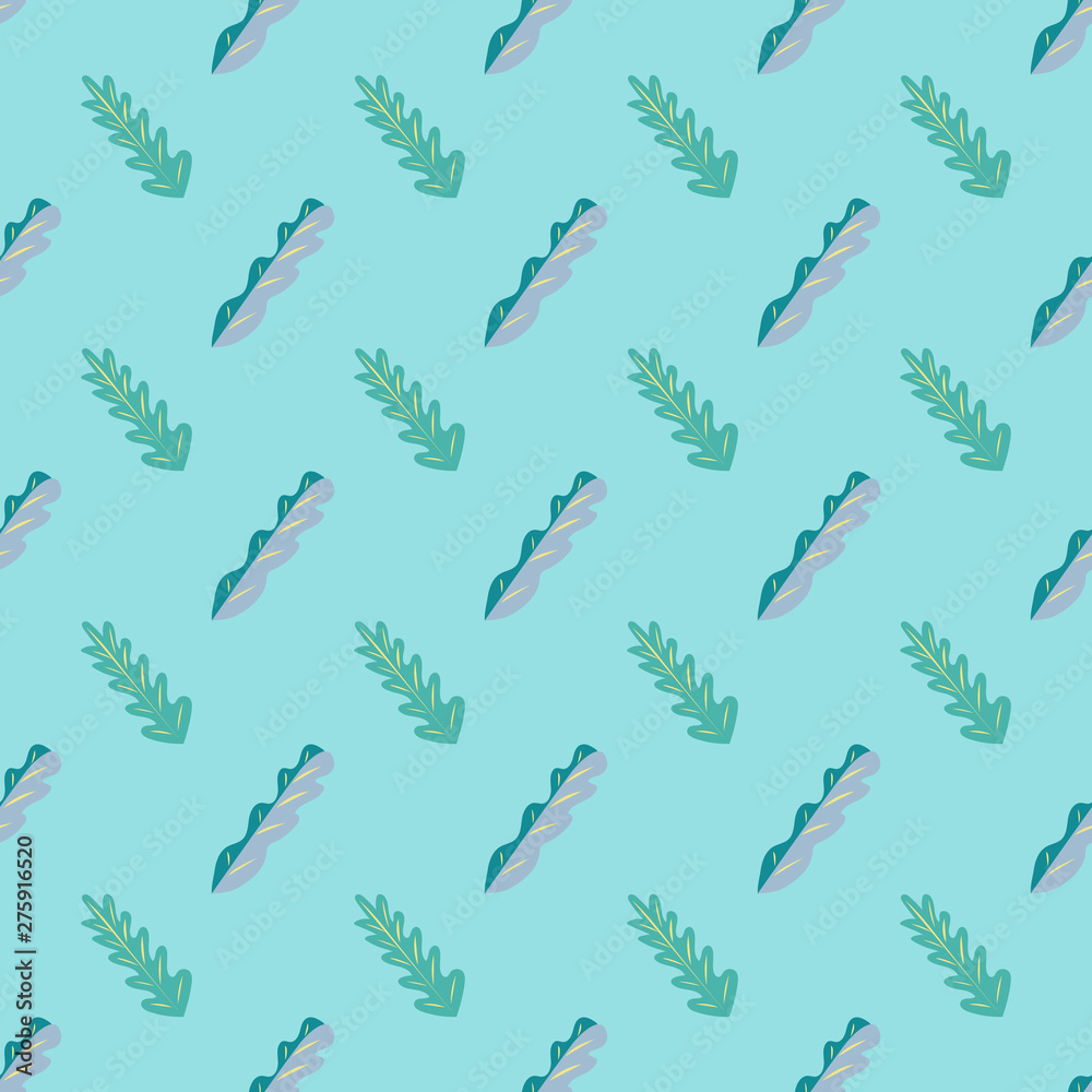 Seamless pattern of fun green and grey leaves on a bright blue background. Seamless pattern of fun green and grey leaves on a bright blue background.