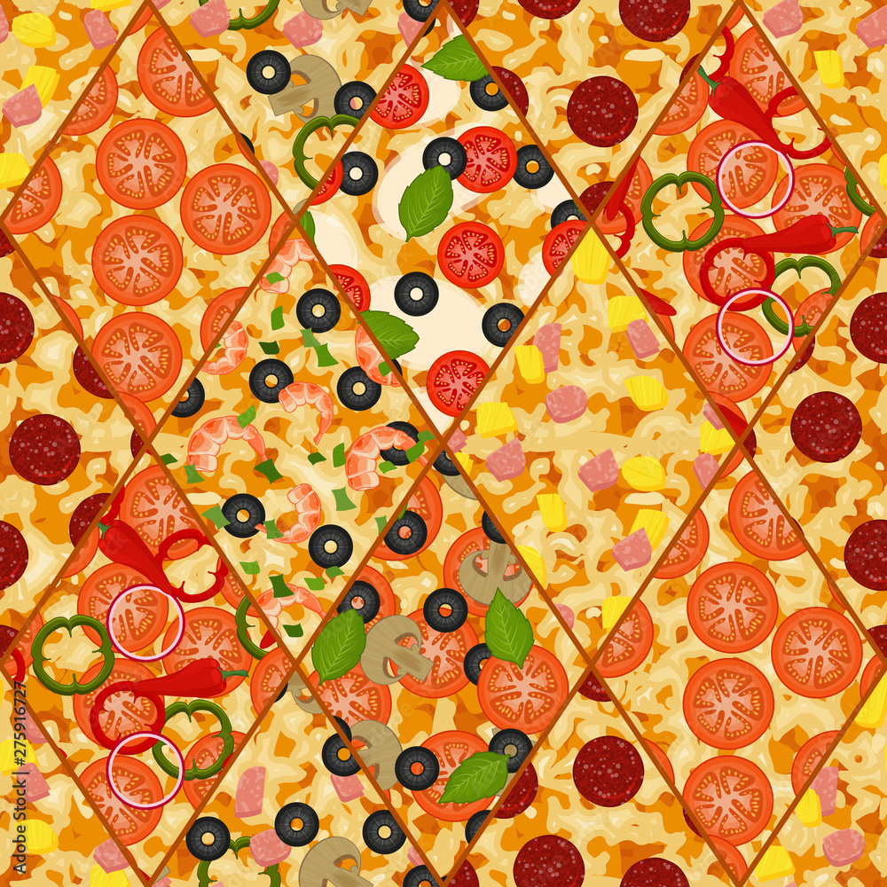 Pizza Pattern Realistic Seamless pattern with texture of different pizza. Assortment. Pizza ...
