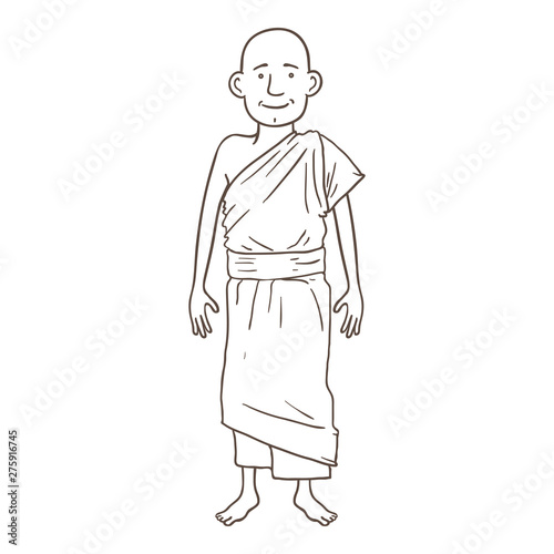 Vector Outline Character - Young Man in Monastic Robes. Buddhist Monk Illustration.