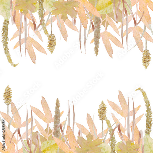 Hand drawn watercolor background of autumn grass and foliage for posters and wedding printing on white background